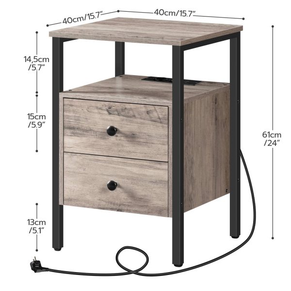 طاولة بجانب السرير متعددة الوظائف مع قابس الاتحاد الأوروبي, طاولة قهوة للتخزين مع أدراج ورفوف, مناسبة للمساحات الصغيرة, غرفة المعيشة وغرفة النوم, جريج والأسود