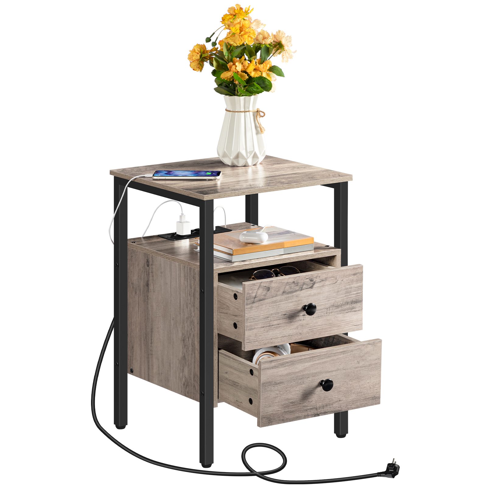 Multifunctional Bedside Table with EU Plug, Storage Coffee Table with Drawers and Shelves, Geeignet für kleine Räume, Wohnzimmer und Schlafzimmer, Grege and Black