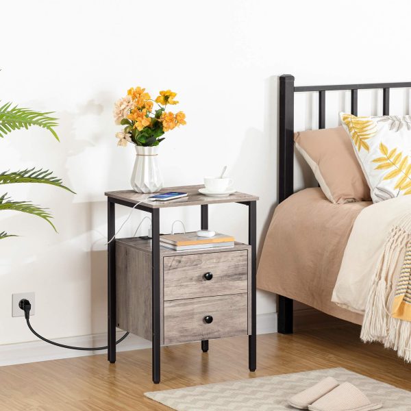 طاولة بجانب السرير متعددة الوظائف مع قابس الاتحاد الأوروبي, طاولة قهوة للتخزين مع أدراج ورفوف, مناسبة للمساحات الصغيرة, غرفة المعيشة وغرفة النوم, جريج والأسود