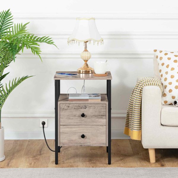 طاولة بجانب السرير متعددة الوظائف مع قابس الاتحاد الأوروبي, طاولة قهوة للتخزين مع أدراج ورفوف, مناسبة للمساحات الصغيرة, غرفة المعيشة وغرفة النوم, جريج والأسود