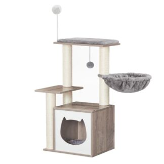 Drzewo kotów dla kotów wewnętrznych, nowoczesna wieża kotów dla kociąt pod 10 funty, Drzewo kotów z hamakiem, drewniane mieszkanie kotów z słupkami drapiącymi kotami, Wyjmowane poduszki do prania, Grair