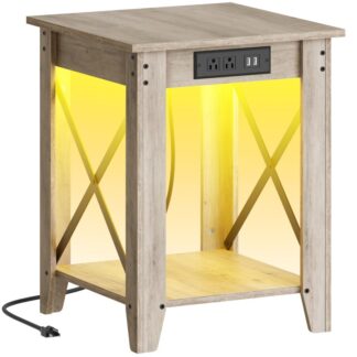 Mesa final de la casa de campo con estación de carga y luz LED, 17.7" Mesa auxiliar de sofá cuadrada con estantes de almacenamiento abiertos, Mesita de noche rústica de madera para salón, Dormitorio, gris