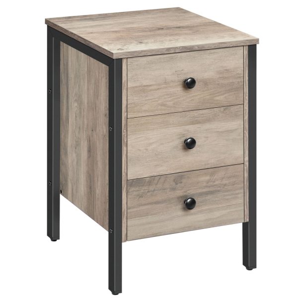 Retro Industrial Style Nightstand with 3 Drawers and Storage Shelf, Grey & Black Multifunctional End Table for Living Room & Bedroom, Easy Assembly