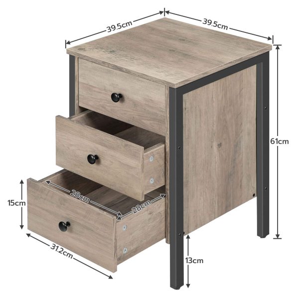 Retro Industrial Style Nightstand with 3 Drawers and Storage Shelf, Grey & Black Multifunctional End Table for Living Room & Bedroom, Easy Assembly