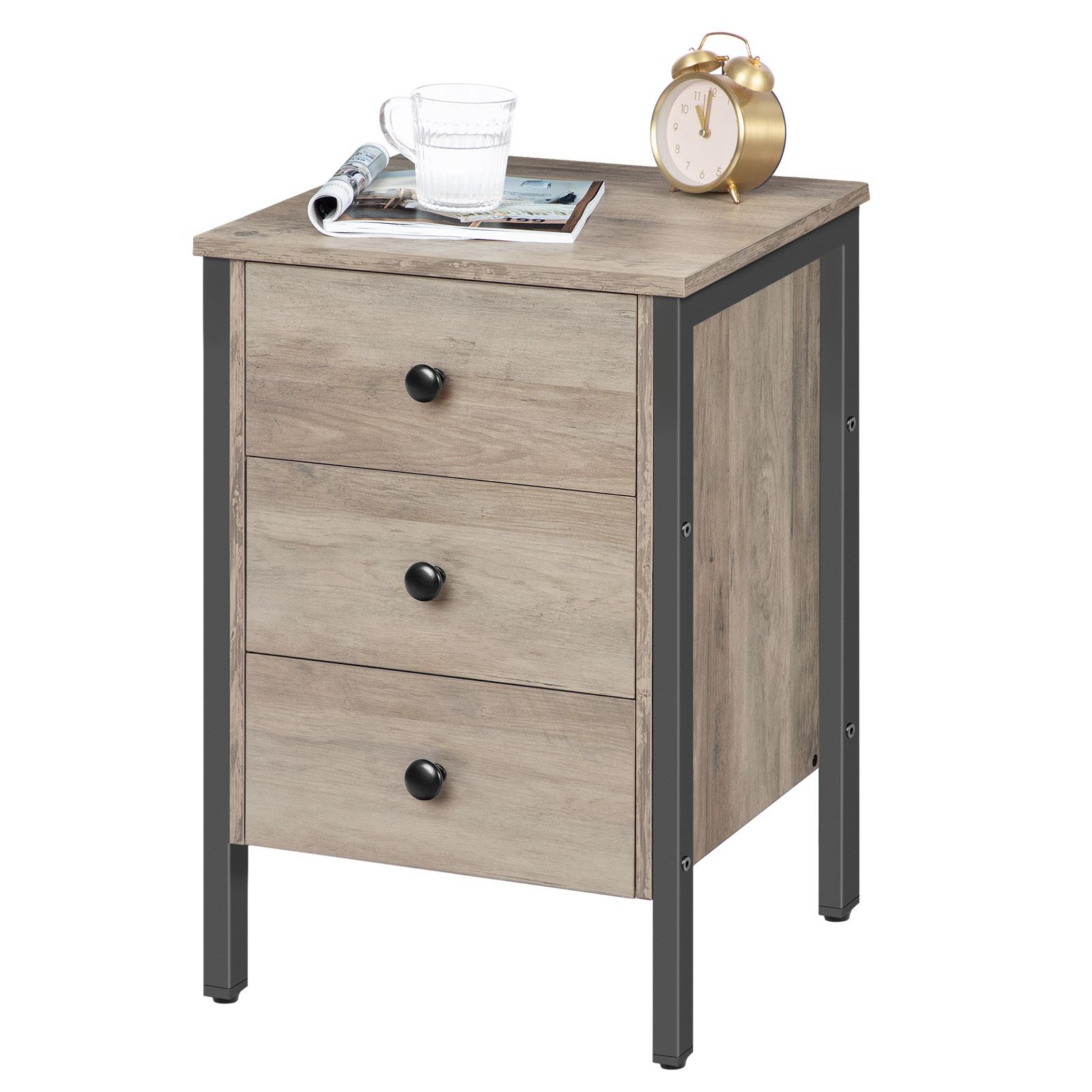 Retro Industrial Style Nightstand with 3 الأدراج ورف التخزين, رمادي & Black Multifunctional End Table for Living Room & غرفة نوم, تجميع سهل