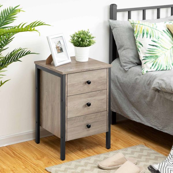 Retro Industrial Style Nightstand with 3 Drawers and Storage Shelf, Grey & Black Multifunctional End Table for Living Room & Bedroom, Easy Assembly
