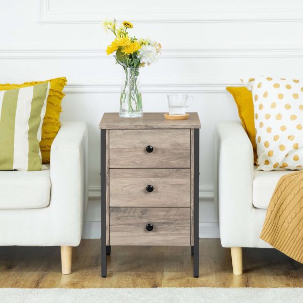 Retro Industrial Style Nightstand with 3 Drawers and Storage Shelf, Grey & Black Multifunctional End Table for Living Room & Bedroom, Easy Assembly