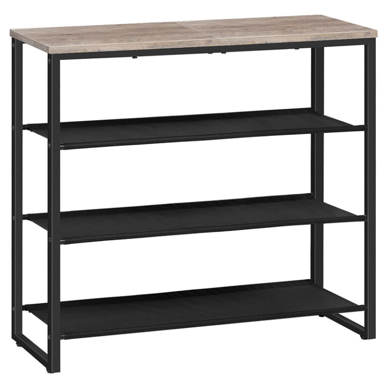 رف الأحذية الرمادي, 4 منظم تخزين الأحذية من الطبقة مع 3 رفوف قماش أكسفورد ولوحة علوية, يحمل 12-16 أزواج من الأحذية للدخول والخزانة, صناعي