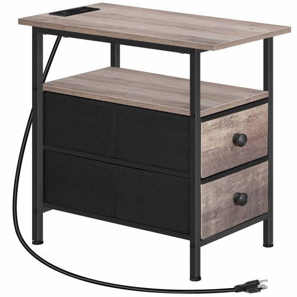 Narrow Side Table with Charging Station, Multifunctional Grey & Black Nightstand with 2 Non-Woven Drawers and Open Shelves, Slim Design for Small Spaces, Living Room & Bedroom