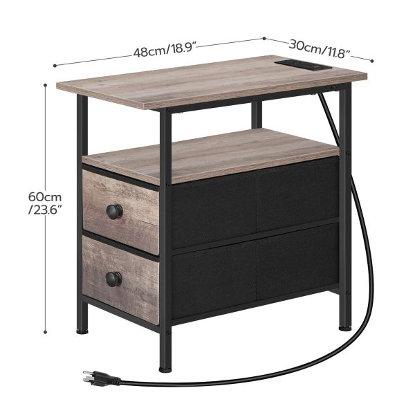 Narrow Side Table with Charging Station, Multifunctional Grey & Black Nightstand with 2 Non-Woven Drawers and Open Shelves, Slim Design for Small Spaces, Living Room & Bedroom