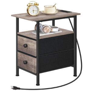 Narrow Side Table with Charging Station, Multifunctional Grey & Black Nightstand with 2 Non-Woven Drawers and Open Shelves, Slim Design for Small Spaces, Living Room & Bedroom