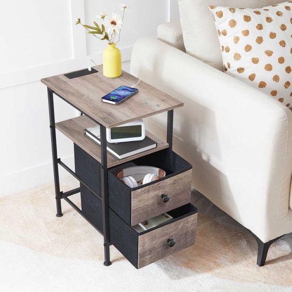 Narrow Side Table with Charging Station, Multifunctional Grey & Black Nightstand with 2 Non-Woven Drawers and Open Shelves, Slim Design for Small Spaces, Living Room & Bedroom