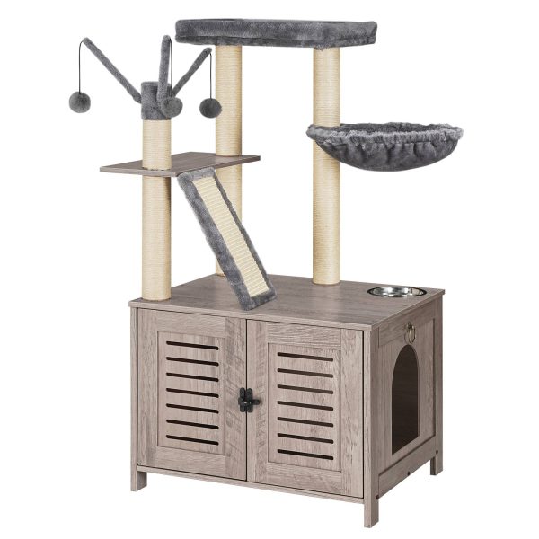 Wooden Cat Tree with Litter Box Enclosure, Tall Cat Tower with Scratching Posts, Hammock & Hidden Litter Box Furniture, All-in-One Indoor Cat Condo, Grey