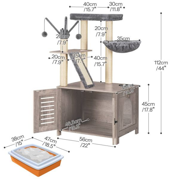 Wooden Cat Tree with Litter Box Enclosure, Tall Cat Tower with Scratching Posts, Hammock & Hidden Litter Box Furniture, All-in-One Indoor Cat Condo, Grey