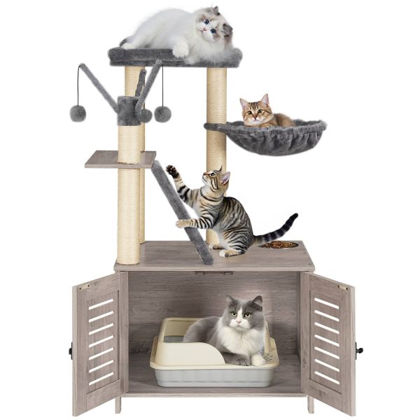 Wooden Cat Tree with Litter Box Enclosure, Tall Cat Tower with Scratching Posts, Hammock & Hidden Litter Box Furniture, All-in-One Indoor Cat Condo, Grey