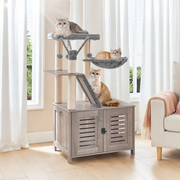 Wooden Cat Tree with Litter Box Enclosure, Tall Cat Tower with Scratching Posts, Hammock & Hidden Litter Box Furniture, All-in-One Indoor Cat Condo, Grey