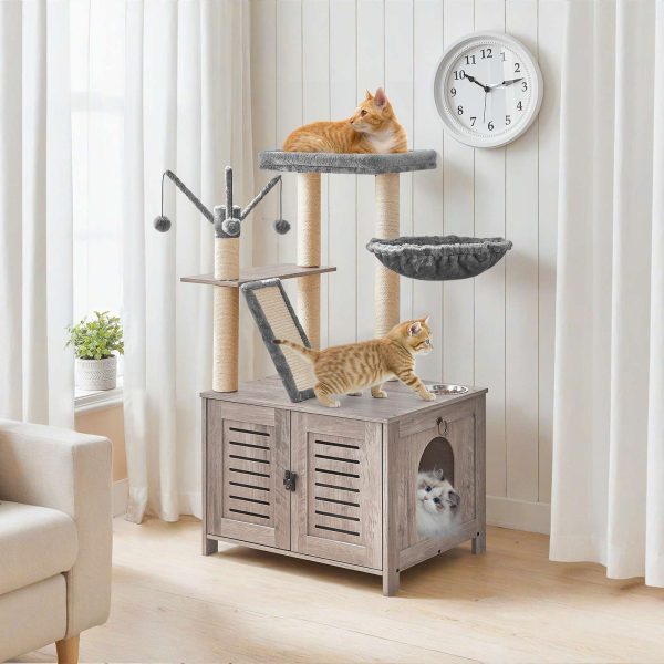 Wooden Cat Tree with Litter Box Enclosure, Tall Cat Tower with Scratching Posts, Hammock & Hidden Litter Box Furniture, All-in-One Indoor Cat Condo, Grey