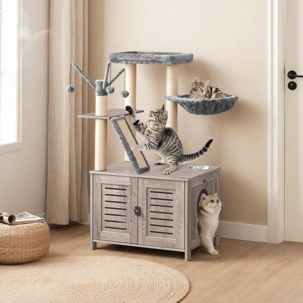 Wooden Cat Tree with Litter Box Enclosure, Tall Cat Tower with Scratching Posts, Hammock & Hidden Litter Box Furniture, All-in-One Indoor Cat Condo, Grey