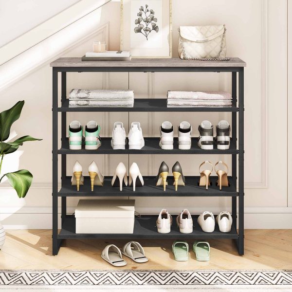 5-Tier Shoe Rack, Storage Organizer with 4 Oxford Fabric Shelves and Top Panel, Holds 16-20 Pairs of Shoes, for Entryway and Closet, Industrial Style, Greige and Black