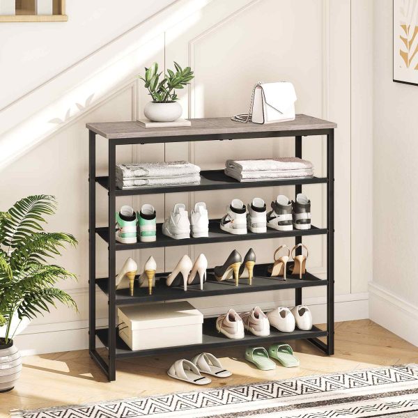 5-Tier Shoe Rack, Storage Organizer with 4 Oxford Fabric Shelves and Top Panel, Holds 16-20 Pairs of Shoes, for Entryway and Closet, Industrial Style, Greige and Black