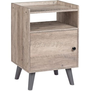 bedside table, small nightstand, bedside cabinet, bed side cupboard with switchable door, open storage shelf, industrial nightstand, for small space, bedroom, wood look, grey
