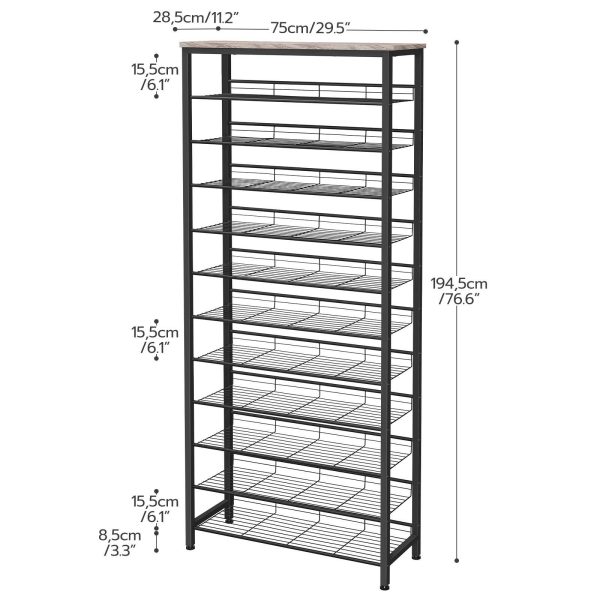 Tall Shoe Rack, Large-Capacity Shoe Storage Organizer, 12-Tier Shoe Rack for 44-55 Pairs of Shoes, Adjustable Metal Shelves, Shoe Storage Unit, Grey