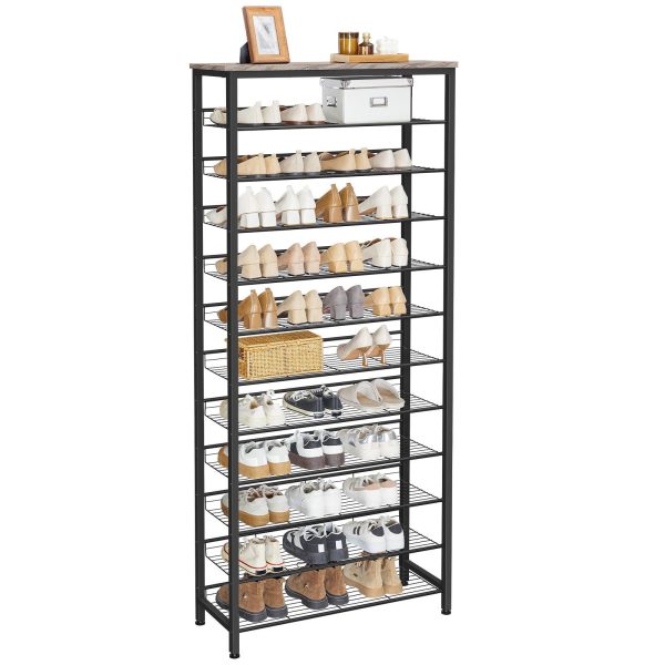 Tall Shoe Rack, Large-Capacity Shoe Storage Organizer, 12-Tier Shoe Rack for 44-55 Pairs of Shoes, Adjustable Metal Shelves, Shoe Storage Unit, Grey