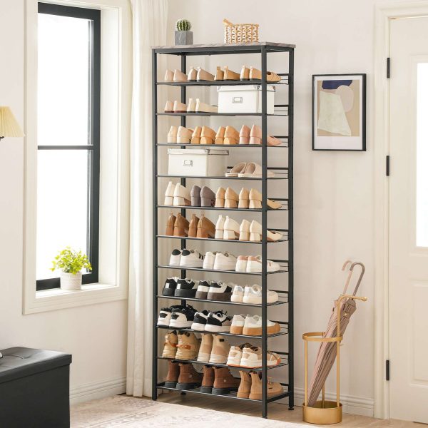 Tall Shoe Rack, Large-Capacity Shoe Storage Organizer, 12-Tier Shoe Rack for 44-55 Pairs of Shoes, Adjustable Metal Shelves, Shoe Storage Unit, Grey