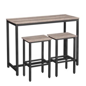 Bar Table and Chairs Set, 47.2" Rectangular Pub Bar Table and 2 Bar Stools, 3-Piece Breakfast Table Set for Kitchen Living Room, Dining Room, Sturdy Metal Frame, Grey,