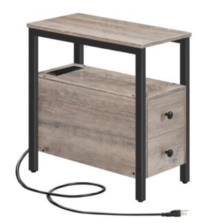 End Table with Charging Station, Narrow Side Table with 2 Drawers & USB Ports & Power Outlets, Nightstand for Small Spaces, Living Room, Bedroom, Stable and Sturdy, Grey and Black