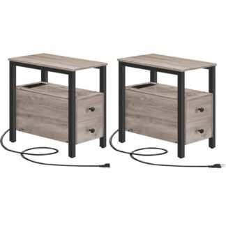 Set of 2 End Tables with Charging Station, Grey Narrow Side Table with Drawers, USB Ports Power Outlets, Nightstand for Small Spaces, Living Room, Stable