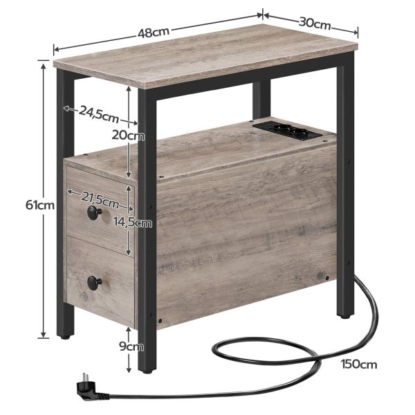طاولة جانبية مع محطة شحن, طاولة جانبية للأريكة مجهزة 2 أدراج, منافذ USB ومنافذ الطاقة, طاولة بجانب السرير مناسبة للمساحات الصغيرة, غرفة المعيشة وغرفة النوم, رمادي & أسود