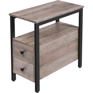 bed side table, narrow chairside table with drawer and open storage shelf, nightstand for small spaces, stable and sturdy construction, wood look accent furniture, grey and black