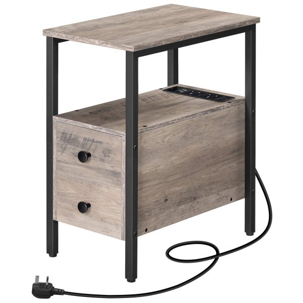 طاولة جانبية ضيقة مع محطة شحن, Equipped with USB Ports & منافذ الطاقة, Slim Space-Saving Side Table with 2 أدراج, Industrial Grey and Black Nightstand
