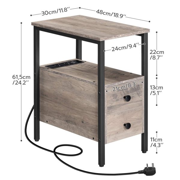 طاولة جانبية ضيقة مع محطة شحن, Equipped with USB Ports & منافذ الطاقة, Slim Space-Saving Side Table with 2 أدراج, Industrial Grey and Black Nightstand