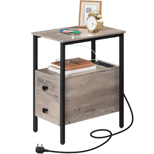 طاولة جانبية ضيقة مع محطة شحن, Equipped with USB Ports & منافذ الطاقة, Slim Space-Saving Side Table with 2 أدراج, Industrial Grey and Black Nightstand