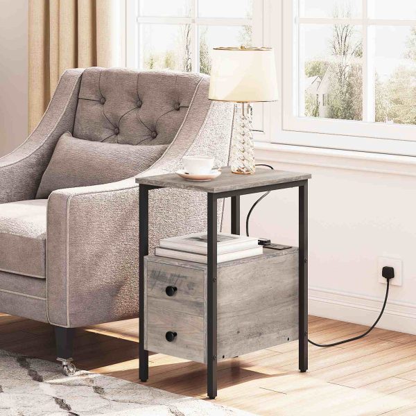 طاولة جانبية ضيقة مع محطة شحن, Equipped with USB Ports & منافذ الطاقة, Slim Space-Saving Side Table with 2 أدراج, Industrial Grey and Black Nightstand
