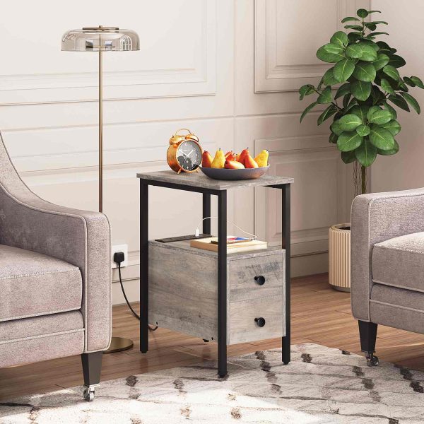 طاولة جانبية ضيقة مع محطة شحن, Equipped with USB Ports & منافذ الطاقة, Slim Space-Saving Side Table with 2 أدراج, Industrial Grey and Black Nightstand