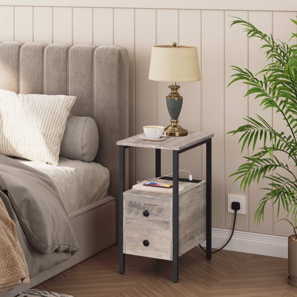 طاولة جانبية ضيقة مع محطة شحن, Equipped with USB Ports & منافذ الطاقة, Slim Space-Saving Side Table with 2 أدراج, Industrial Grey and Black Nightstand