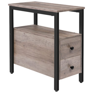 end table, chairside table with 2 drawer and open storage shelf, narrow nightstand for small spaces, stable and sturdy construction, wood look accent furniture, grey and black