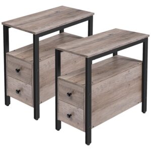 end table, set of 2, recliner side table with 2 drawer and open shelf, narrow nightstand for small space, in living room, bedroom, wood look accent table, grey and black