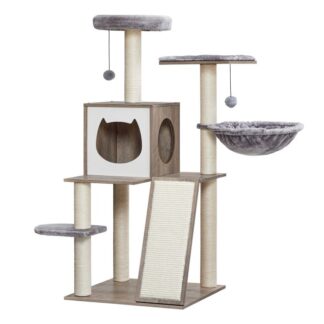 Drzewo kotów dla kotów wewnętrznych, 44 Cale drewniane, nowoczesne mieszkanie kotów z słupkami kota, wielopoziomowy dom z kotem z hamakiem kota, 2 górne okonie, Zabawne piłki, Grair