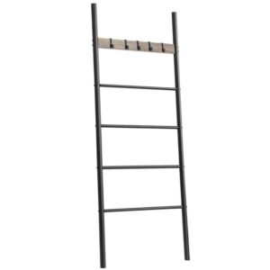 towel rack, wall-leaning blanket ladder, 5-tier ladder shelf, 23.6 x 69.7 inch decorative ladder with 5 removable hooks, display rack for bathroom, metal, grey