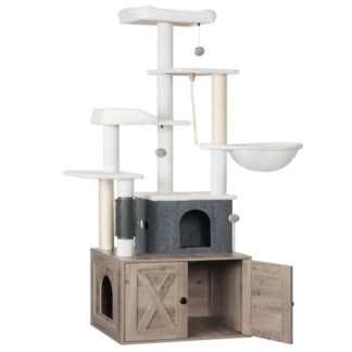 Kissapuu hiekkalaatikolla, 65" Korkea kissatorni ja raaputustolppa, All-in-One Cat Condo sisäkissoille, Piilotetut kissanhiekkakotelon huonekalut, Irrotettava kissan talo, kreikkalainen