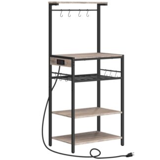 Rack para padeiros com tomada elétrica, 4-Suporte de microondas de camada com rack de vinho ajustável, Coffee Bar com 10 Ganchos em forma de S, para cozinha, Sala de estar, Sala de jantar, Greige e Black