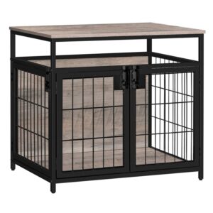 dog crate furniture, wooden dog crate, dog kennels with 3 doors indoor, decorative mesh pet crate end table for medium/small dog, chew-resistant dog house, greige and black