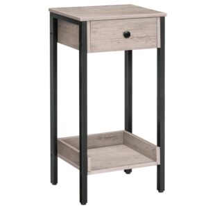 side table with drawer for bedroom, tall nightstand, end table with drawer and storage shelf, industrial end telephone table, for study, bedroom, space saving, grey and black