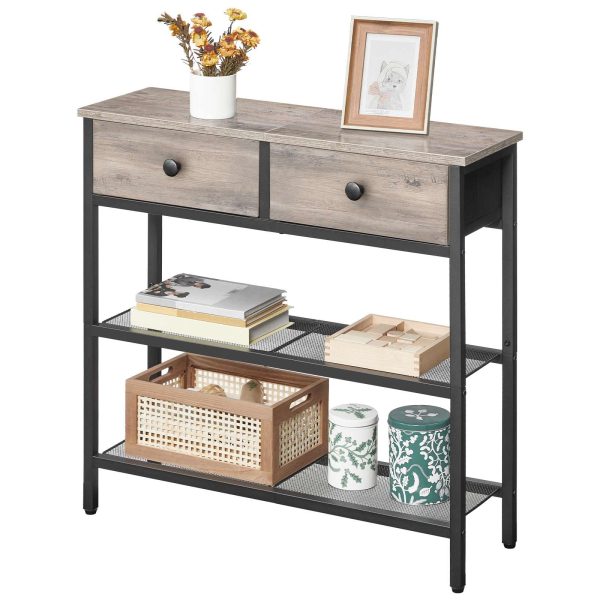 24cm Smalle consoletafel met 2 Stoffen laden, Kleine instaptafel met opbergplanken met 3 niveaus, Dunne banktafel, Zijtafel, voor Woonkamer, Gang, Grijs en zwart
