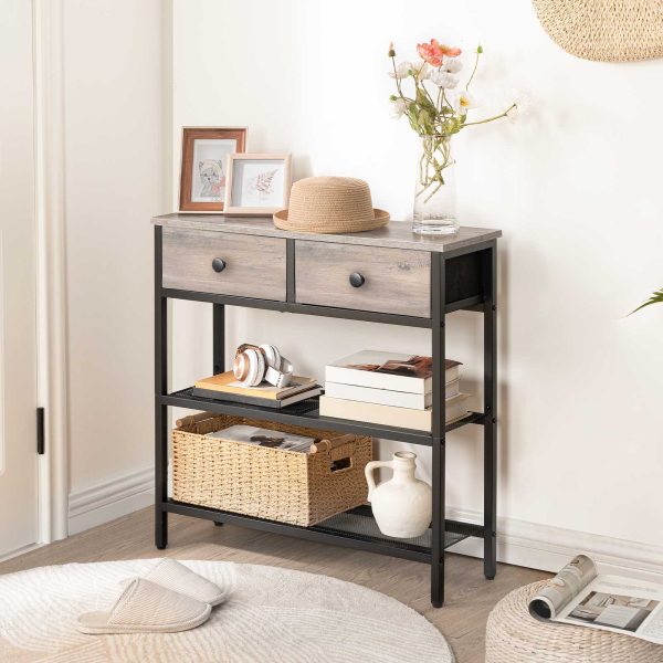 24cm Smalle consoletafel met 2 Stoffen laden, Kleine instaptafel met opbergplanken met 3 niveaus, Dunne banktafel, Zijtafel, voor Woonkamer, Gang, Grijs en zwart