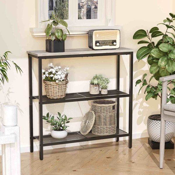 75cm smal konsolbord, 3-Tier indgangsbord, Tyndt sofabord med hylder, Multifunktionelt displayopbevaringsbord til entre, Indgang, Stue, Soveværelse, Grå og sort